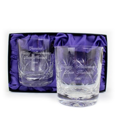 Pair of Engraved Lead Crystal Whisky Glasses